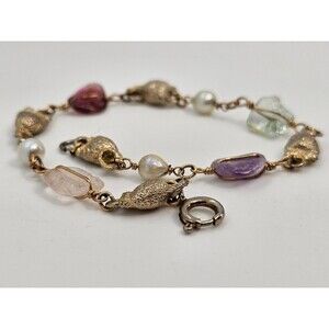 Gold-Toned Metal And Wire Wrapped Tumbled Semi-precious Gemstone Bracelet  7”